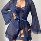 Sexy Lace Slip Dress Mesh See-through Tie-up Robe Loungewear Set