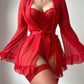 Sexy Lace Slip Dress Mesh See-through Tie-up Robe Loungewear Set