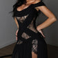 Off-Shoulder Lace Corset Chiffon Thigh Slit Maxi Dress