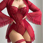 Sexy Lace Slip Dress Mesh See-through Tie-up Robe Loungewear Set