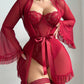 Sexy Lace Slip Dress Mesh See-through Tie-up Robe Loungewear Set