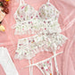 Sexy Floral Print Lace See-through Mesh Lingerie Set with Stockings