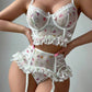 Sexy Floral Print Lace See-through Mesh Lingerie Set with Stockings