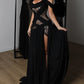 Off-Shoulder Lace Corset Chiffon Thigh Slit Maxi Dress
