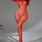 Leopard Sexy Backless Lace Fishnet Stretch Tight Long-sleeved Bodysuit