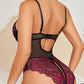 Sexy Lace Sheer Mesh Floral Colorblock Open-crotch Bodysuit