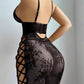 Sexy Flower Lace Hollow See-Through Side Strap Long Suspender Dress