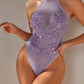 Sexy Halter-neck Sleeveless Sheer Water-soluble Floral Embroidery Lingerie Bodysuit