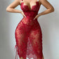 Sexy Flower Lace Hollow See-Through Side Strap Long Suspender Dress