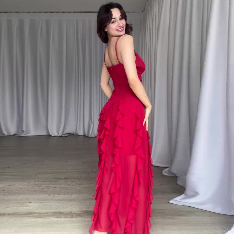 ✨ Women’s Elegant Spaghetti Strap Ruffle Maxi Dress – Effortless Glamour for Every Occasion! ✨