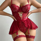 Sexy Lace Hollow Heart-Shaped Decoration Detachable Waist Seal One-Piece Pajamas Two-Piece Set