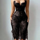Sexy Flower Lace Hollow See-Through Side Strap Long Suspender Dress