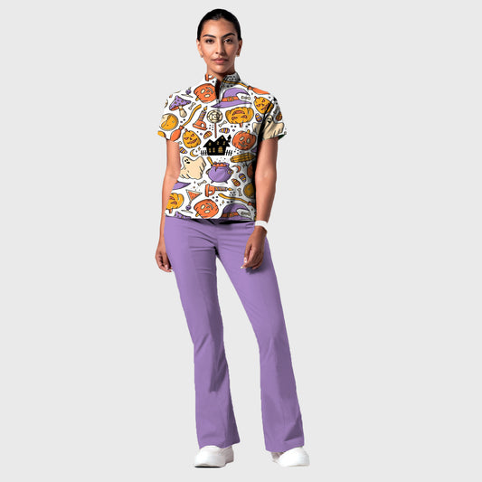 Women's Stand-Up Tie Zipper Halloween Printed Scrub Set ST9121