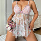 Plus Size Sexy V-neck Floral Sheer Mesh Camisole Nightgown Set