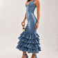 Washed Denim Overalls Deep V-Neck Multi Layered Ruffle Maxi Dress