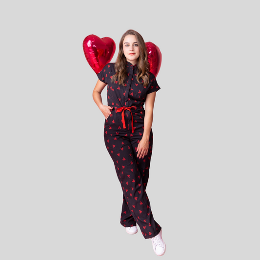 Women's Red Heart Print Flare Leg Scrub Jumpsuit