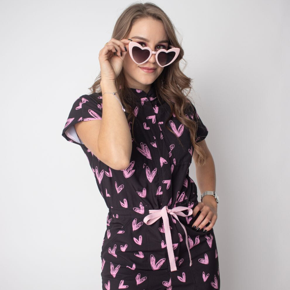 Women's Pink Heart Print Flare Scrub Jumpsuit Jog008