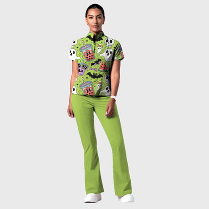 Women's Stand-Up Tie Zipper Halloween Printed Scrub Set ST9125