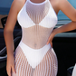 Women's Solid Backless Halter Tie Back Fishnet Cover Up