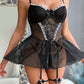 Sexy Lace Mesh See-Through Straps Cross Bow Mesh Ruffled Nightdress