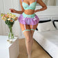 See-Through Lace Colorblock Mesh Skirt With Fishnet Stockings Sexy Lingerie Set