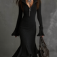 Retro Zipper Neck Trumpet Sleeve Knitted Midi Dress