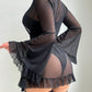 Sexy Lace Slip Dress Mesh See-through Tie-up Robe Loungewear Set