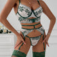 Retro Colorblock Sexy Green Leaf Lace Underwear With Stockings Set