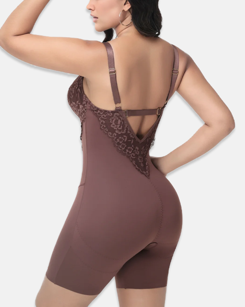 T-Back Open Back Bodysuit With Lace V-Neck Detail
