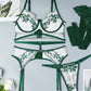 Retro Colorblock Sexy Green Leaf Lace Underwear With Stockings Set