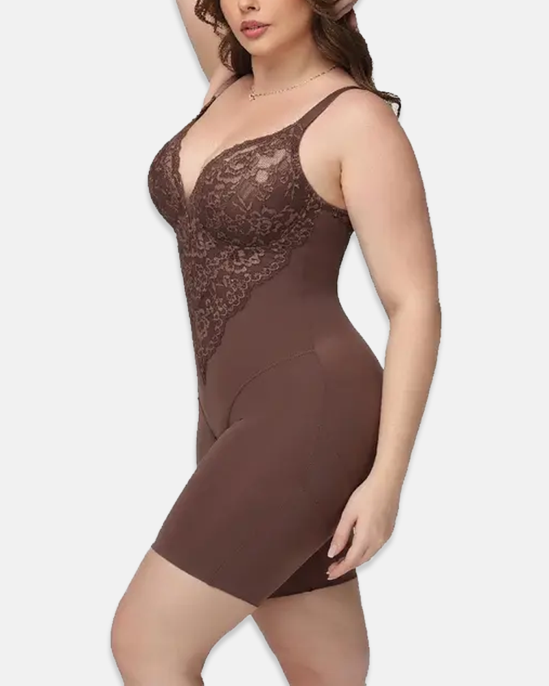 T-Back Open Back Bodysuit With Lace V-Neck Detail