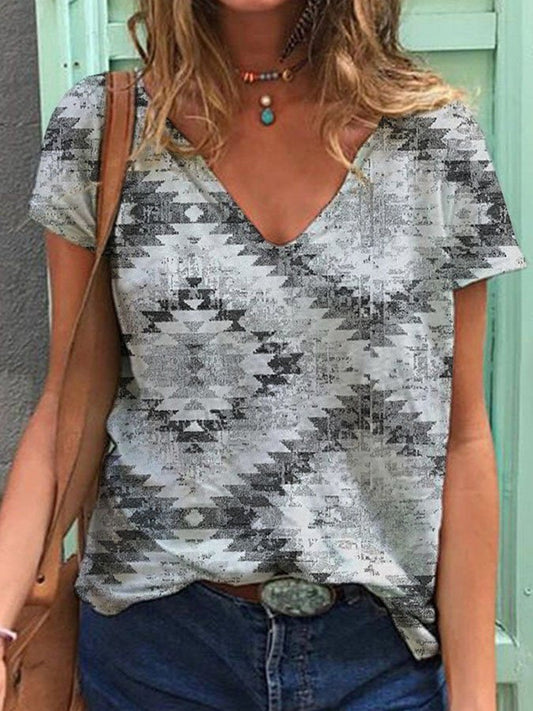 Ethnic Print V-Neck T-Shirt