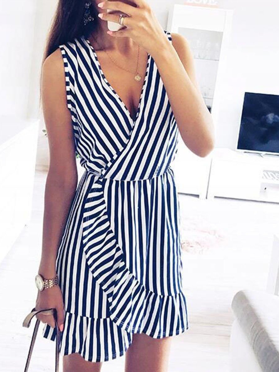 V-Neck Sleeveless Stripe Mini Dress