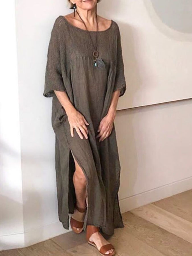 Loose Linen Mid-Sleeve Dress