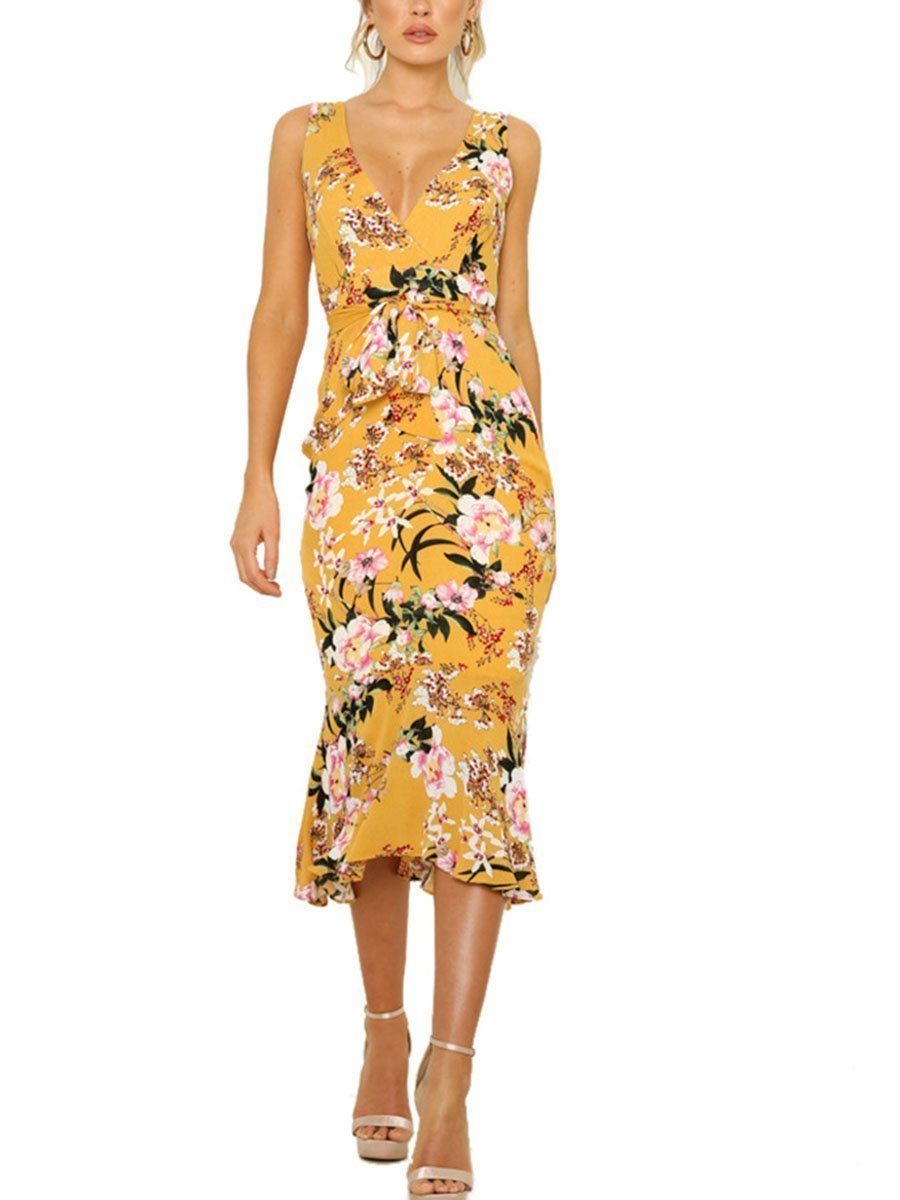 V-Neck Sleeveless Floral Dress