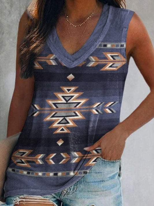 Vintage Geometric Print V-Neck T-Shirt