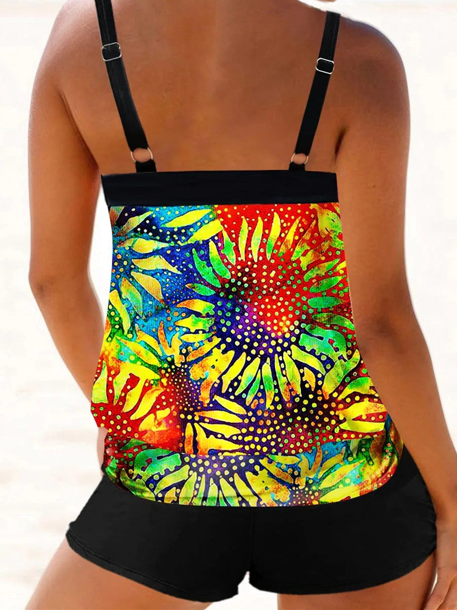 Multi Color Sunflower And Tie Dye Print Tankini Set