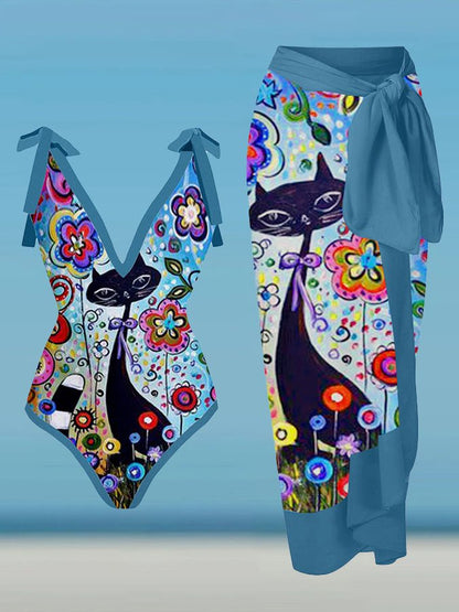 Fashion Cat Print V-Neck One-Piece Swimsuit Set