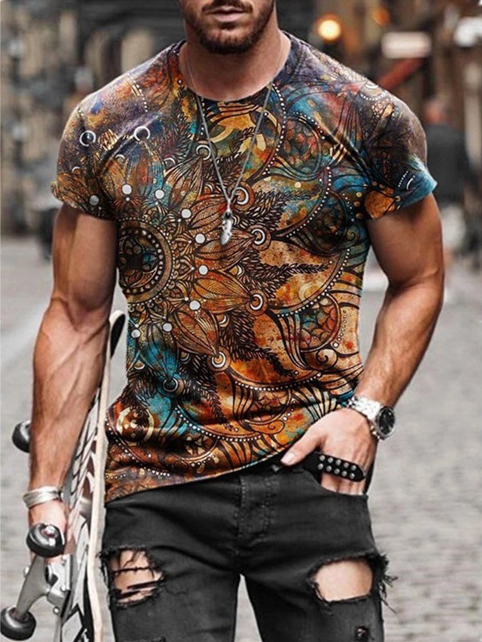 Men's Western Print Casual Short Sleeve T-Shirt