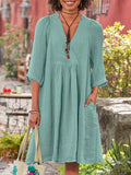 Women's Solid Color Cross V-Neck Gathered Cotton Linen Dress