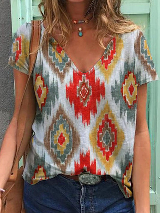 Ethnic Print V-Neck T-Shirt