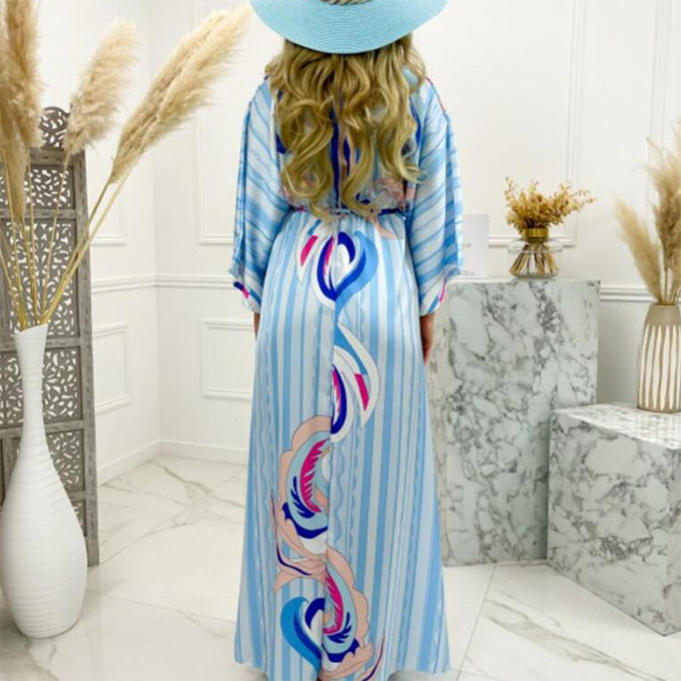 Digital Print V-neck Smocked Split Floor Length Dress