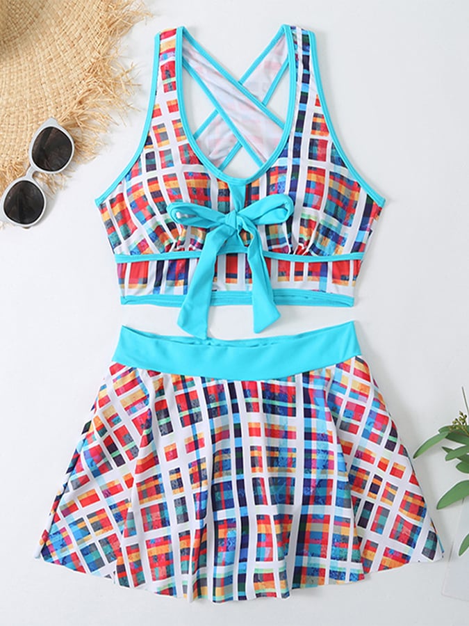 Women's Plaid Print Sexy Bikini Culottes Swimsuit