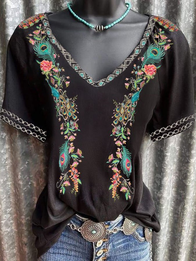 V-Neck Ethnic Floral Print T-Shirt