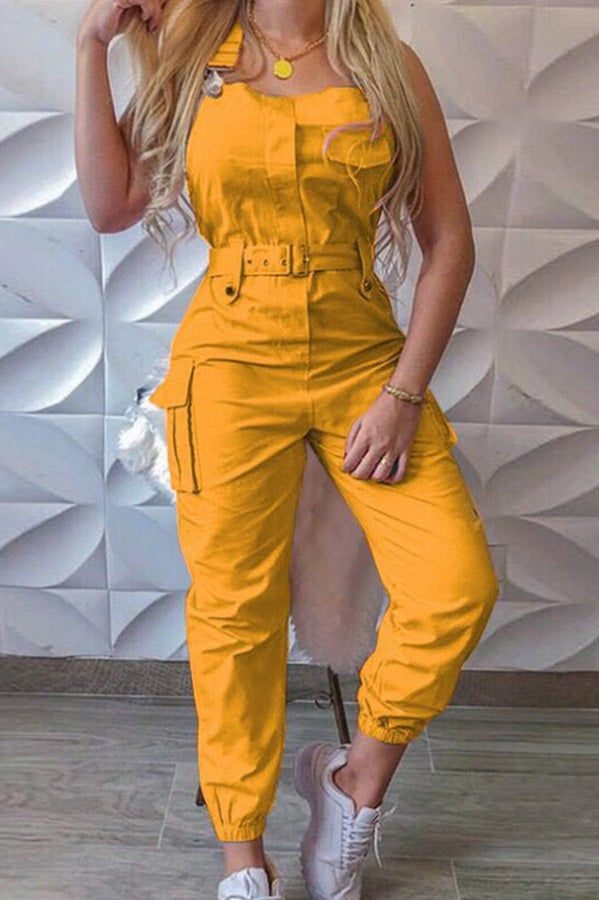Pocket Buckle Design Cargo Suspender Jumpsuit