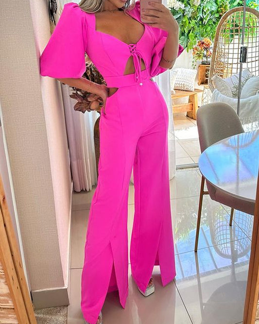 Casual Solid Color V-neck Jumpsuit