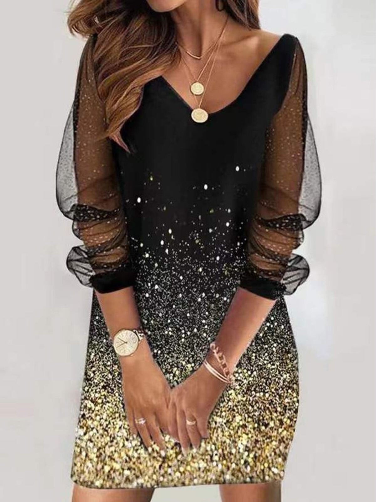 Women's Butterflies Print Sequin Mesh Dress