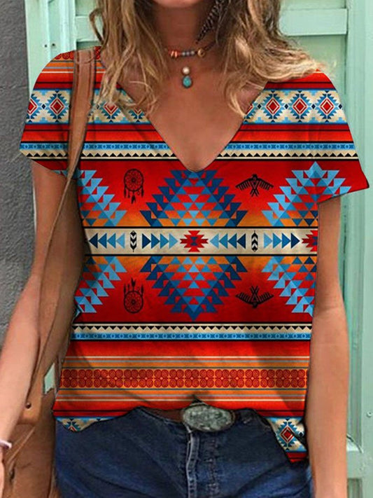 Ethnic Print V-Neck T-Shirt