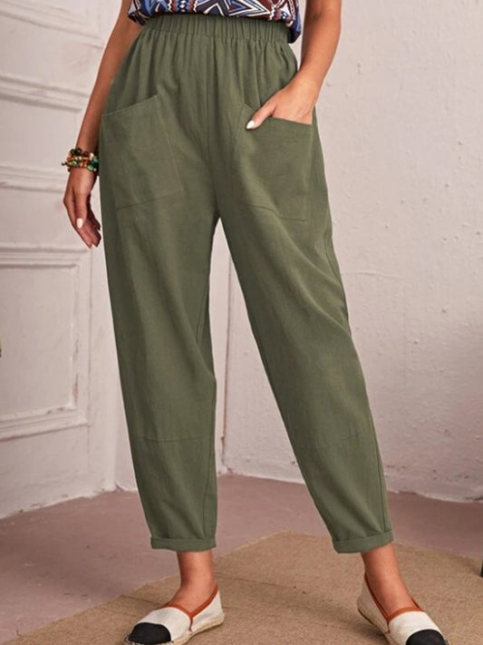 Women's Cotton Linen Capris Elastic Waist Casual Pants