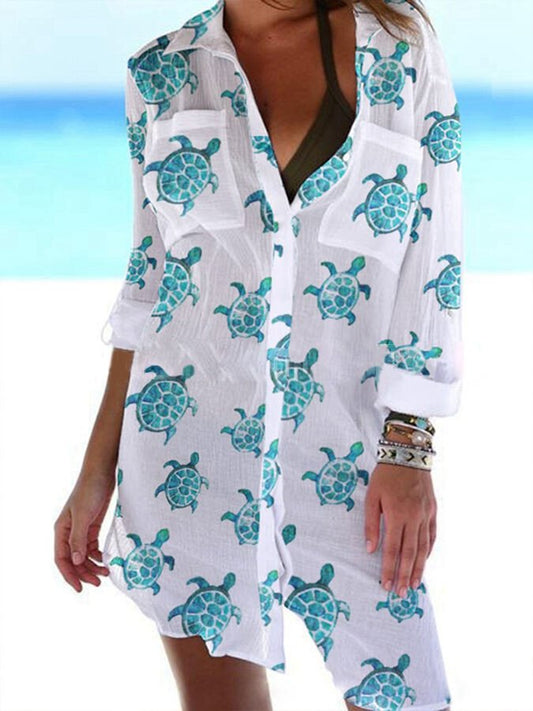 Women's Beach Turtle Print Long Shirt